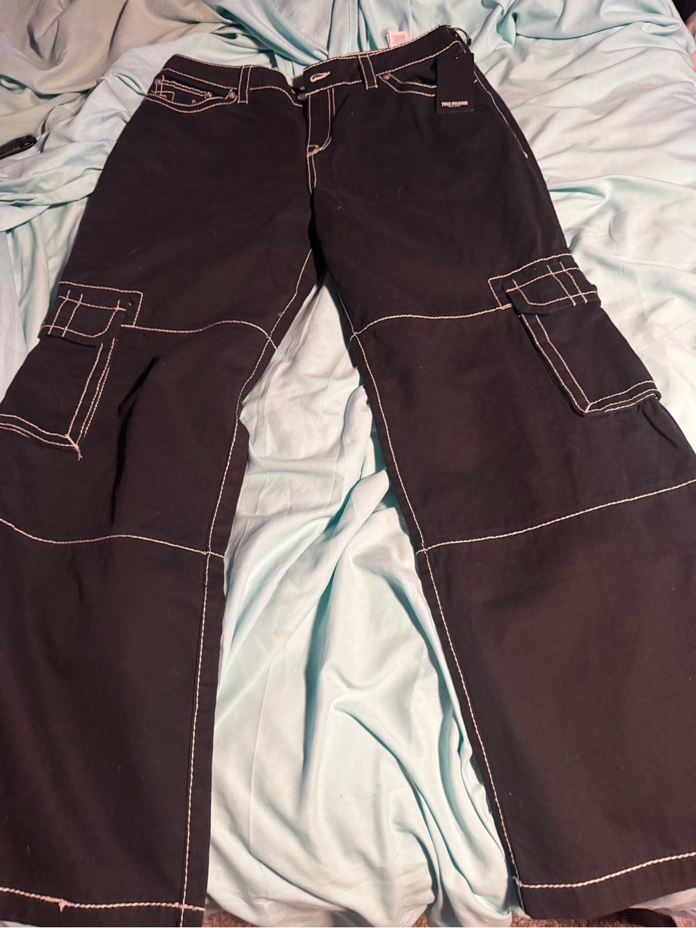 True Religion Black Low Slung Baggy Cargo Pants